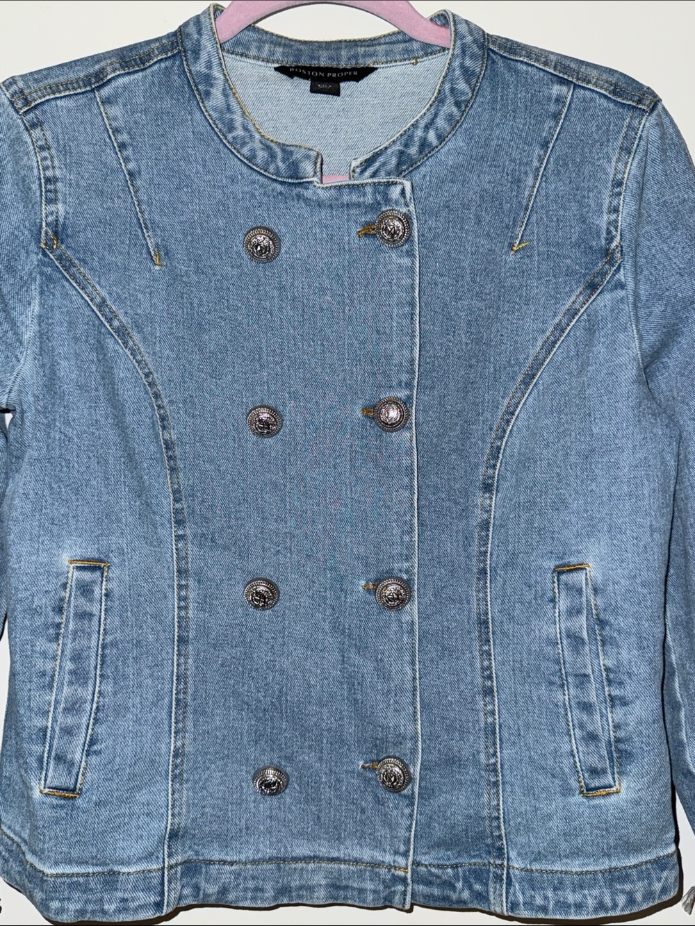 Boston Proper Light Blue Denim Double-Breasted Jean Jacket with Lace Cuffs - Picture 11 of 13